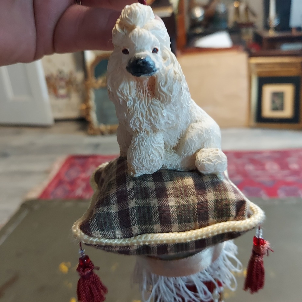 Vintage Style White Poodle on Plaid Pillow Hanging Ornament Beaded Tassel 9" - Picture 2 of 5